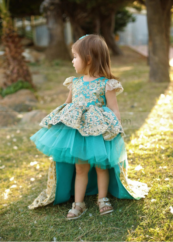 Cap Sleeves Turquoise High Low Flower Girl Dress Cap Sleeves Turquoise High Low Flower Girl Dress